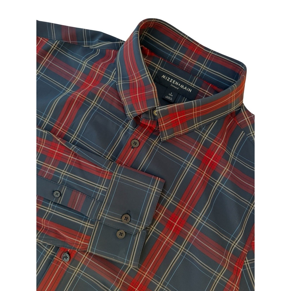 Mizzen‎ + Main Men Dress L Shirt Trim Fit Windowpane Plaid Maroon Blue Button